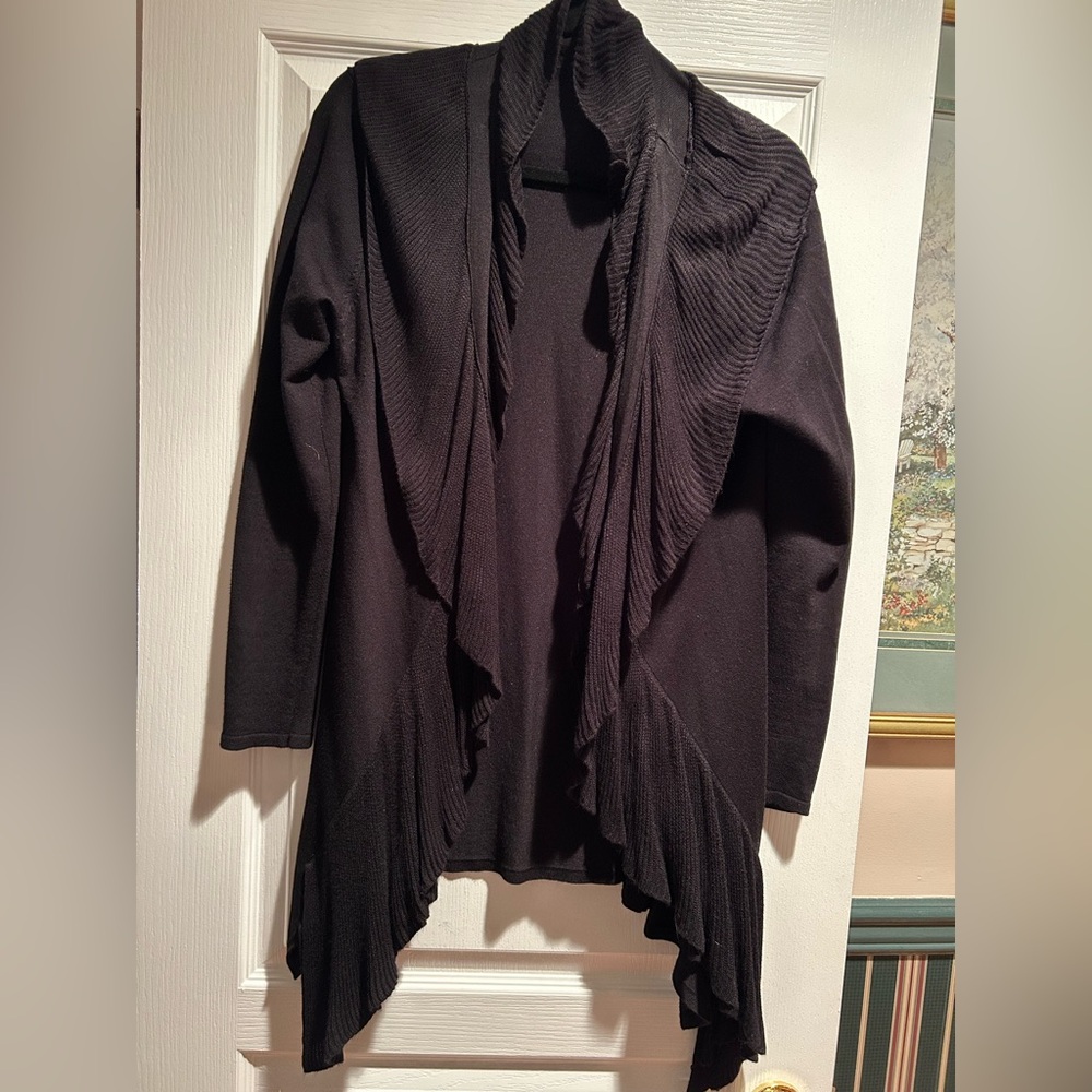 Black long viscose blend women’s open front cardigan ruffles,pleat SzL L